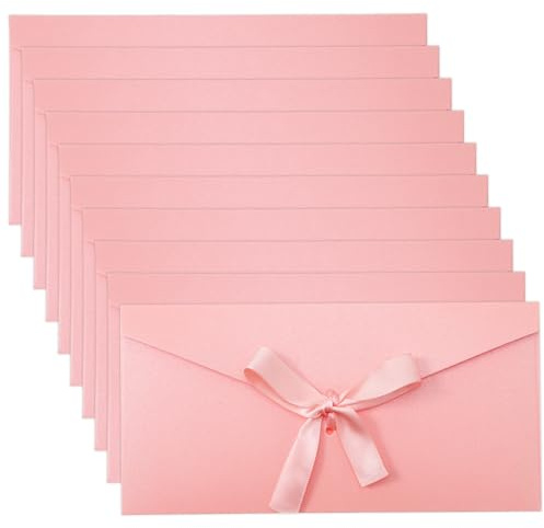 10 Stück Große Schleifenumschläge, Blanko Vintage Briefumschläge mit Bändern, Schleifenumschläge für Hochzeit Geburtstag Einladungen (Pink, 22x11 cm)