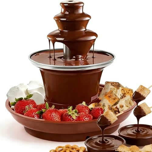 Mini Chocolate Fountain Machine, 3-Tier Portable Fondue Set with Tray & Forks, Electric Chocolate Fountain for Parties, Dipping Fruits Nuts Candy(Brown)