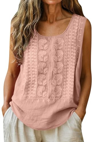 YNRENHNEE Blusa Donna Senza Maniche Girocollo Top Ampio in Cotone e Lino Tinta Unita con Ricami Canotta Spalla Larga Leggero Camicia Elegante Comodo e Leggero per L'Estate