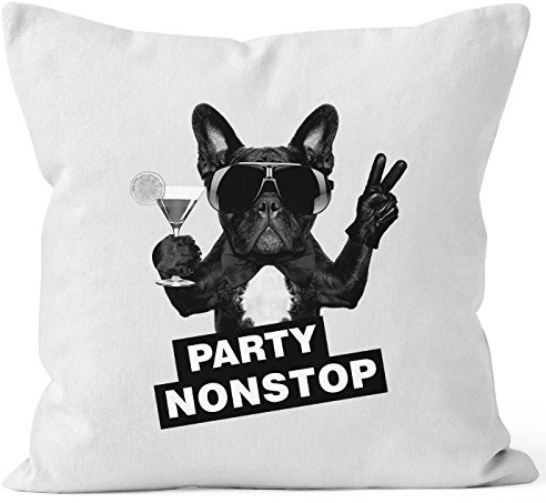 MoonWorks Kissenbezug Party Nontsop Mops French Bulldog Kissen-Hülle Deko-Kissen 40x40 Baumwolle Weiss Unisize