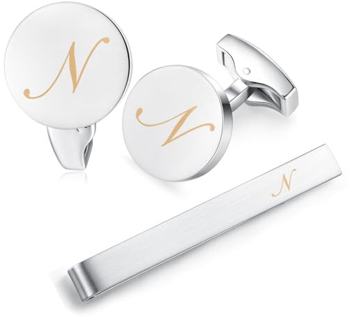 HONEY BEAR manschettenknöpfe & krawattennadel Krawattenklammer Set Initialen Buchstabe Herren Hochzeit Cufflinks Manschettenknopf Silber, 5.4cm (N)