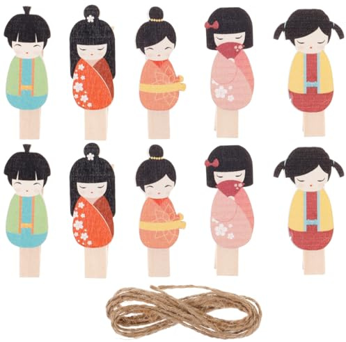 12 Pièces Mini Pinces à Linge Poupées Kokeshi Japonaises Mini-Clip Photo Pinces à Suspendre Pince à Photo De Noël Photos Organisateur Clips Chevilles d'image Bambou Corde en Bois