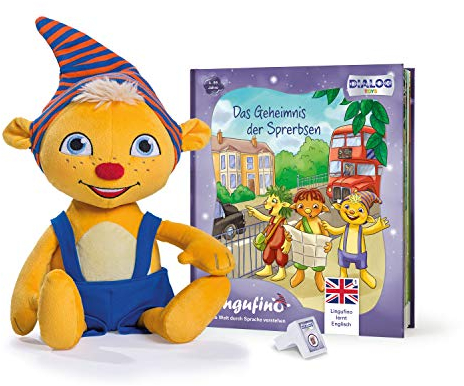 DIALOG TOYS Lingufino Englisch Starter Set mit Plüschfigur, Elektronikeinheit mit Spracherkennung und Lautstärkeregler, Lernspielzeug, erweiterbar, für Kinder ab 4 Jahren, ca. 38 cm