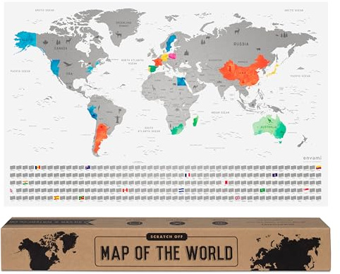 envami® Carte du Monde à Gratter - Planisphère Argent 68 X 43 CM - Poster Scratch Off Travel Map - Carte Voyage