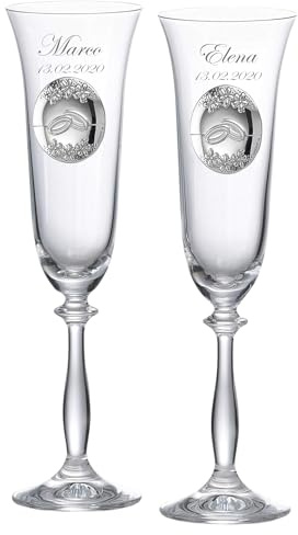 JOYERIA EL FARO Copas de Champán Personalizadas para Novios – Juego de 2 Copas Grabadas con Nombres y Fecha – Regalo de Boda o Aniversario para Pareja