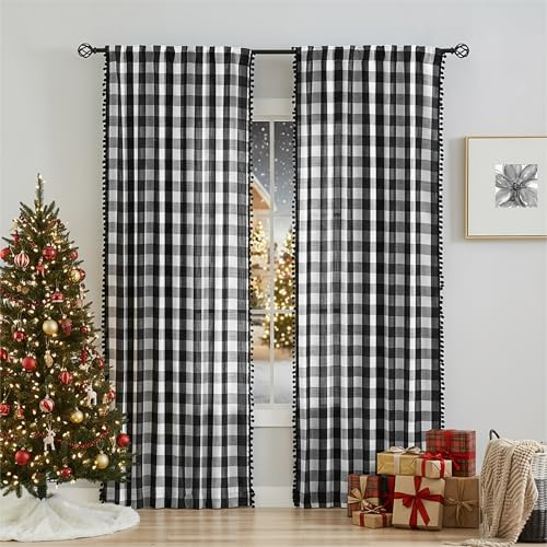 Tende con pompon a quadretti, colore bianco, nero, per camera da letto, soggiorno, 172 cm, plissettate a matita senza vedere attraverso i tendaggi per finestre, 40 w 2 pannelli