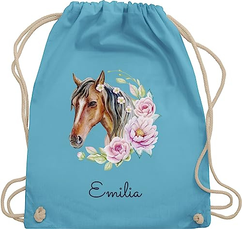 Turnbeutel Rucksack - Pferd Pferde - Wunschname Pferdekopf Name I Pferdemotiv I Geschenk Pferdemädchen - Unisize - Hellblau - beutel für kindergarten pferderucksäcke pferden horse sportbeutel