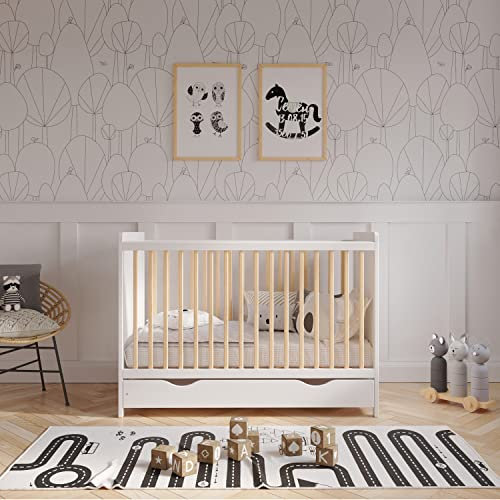 Love For Sleep | TOKYO Wooden Baby Cot Bed 120x60cm with Covered Drawer and Safety Wooden Barrier (White/Pine)