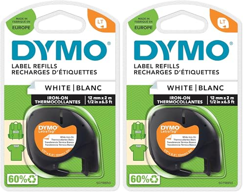 DYMO Original LetraTag Bügeletiketten | schwarz auf weiß | 12 mm x 2 m | Stoffetikettenband für LetraTag-Beschriftungsgerät (Packung mit 2)