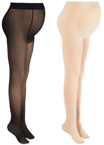 Bonuci 2 Pcs Women Maternity Pantyhose Winter Fleece Lined Tights High Waist Maternity Stretchy Pregnancy Warm Tights(Translucent Black, Beige)
