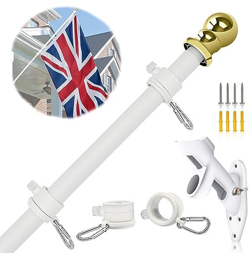 NQ 5FT(1.5M) Flag Pole for Garden with Flag Pole Holder, Stainless Steel Flag Pole Kit for House, Flag Pole Rings, Flag Pole for Outdoor, Wall Mounted Flag Pole(White)