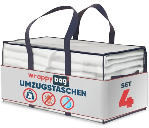 Wrappybag Umzugstaschen XXL Stabil - Aufbewahrungstasche Transport 4er | 4er-Set XXL Taschen mit verstärkten Nähten und Gurten, bis 25 kg belastbar - doppelter Reißverschluss, wasserabweisend