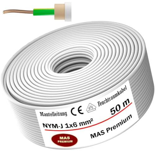 MAS Premium 5-100m Feuchtraumkabel Stromkabel Mantelleitung NYM-J 1x1,5, 2,5, 4, 6, 10, 16 oder 25 Elektrokabel OFC Ring für feste Verlegung (NYM-J 1x6 mm², 50m)