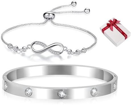 Guidre 2PCS Schmuck Damen Armreif Edelstahl Zirkonia einfache Stil Armband 6mm+Tennis Armband Damen Silber Verstellbares Kristall Zirkonia Armbänder Armbänder Schmuck Geschenk Silber(Infinity)