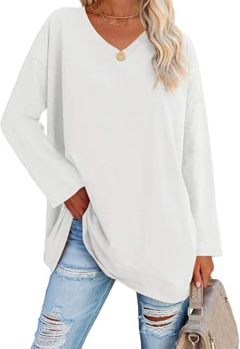 ELFIN Långärmad damtröja V-ringad långärmad toppar basic t-shirts oversize lång skjorta toppar casual blus t-shirt, Vit, XL plus size tall