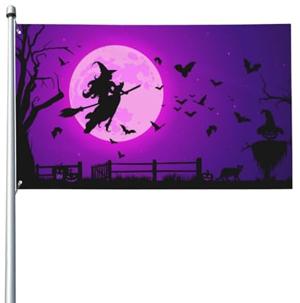 180 x 120 cm Silhouette Belle Sorcière Volant sur Balai Drapeau pour Maison Pelouse Décoration Bannières Bannières Vacances Bienvenue Drapeaux Avec 2 Œillets Métalliques Utilisation Intérieur