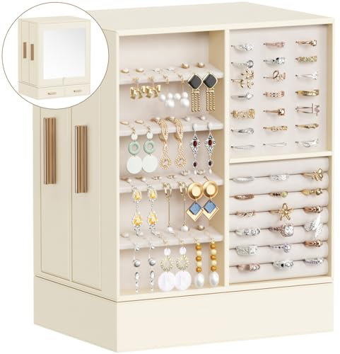 Lifewit Schmuckaufbewahrung 360° Drehbar, Schmuckkasten Damen, Großer Stauraum, Verstellbarer Spiegel & 6 Zusätzliche Aufbewahrungs-Schubladen, Jewellery Box für Ring, Halskette, Ohrring, Beige