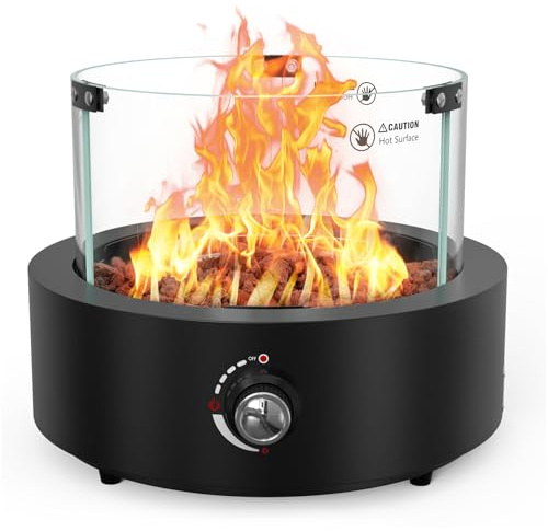 Onlyfire Gas-Feuerstelle für den Außenbereich, Terrassenstrahler mit Lufteinlass hinten, Lavasteine und Glas-Windschutz, Propangas-Feuerstelle für Terrasse, Hinterhof, Outdoor, Restaurant, abgerundet