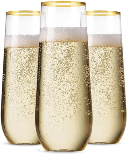 Munfix 36 Pack Stemless Plastic Champagne Flutes, Disposable 9 Oz Gold Rim Clear Plastic Toasting Glasses Shatterproof Recyclable and BPA-Free