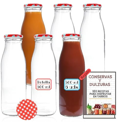 MundoTarros 6 Botellas de Cristal de 500 ml con Tapa de Rosca Hermética a Cuadros + Ebook de 102 Recetas - Botellas para Leche, Zumo, Batidos, Bebidas - Incluye Etiquetas