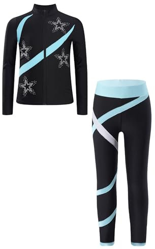 Freebily Kinder Trainingsanzüg Mädchen Eiskunstlauf Anzug Jacke Leggings Set Mit Strass-Stern Und Patchwork Eislaufen Sport Sweatsuit Tanzanzug Hellblau 170