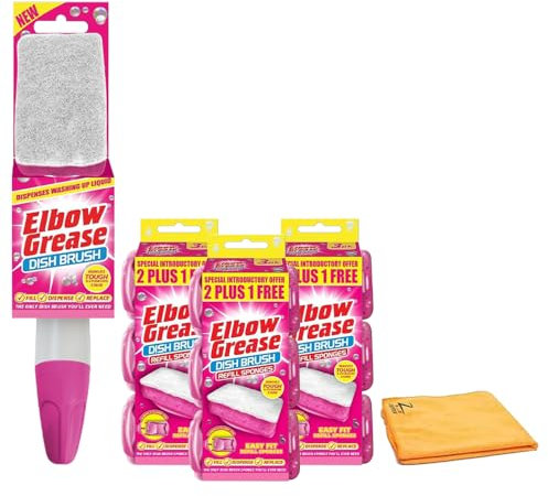 Elbow Grease Washing Up Brush with Liquid Dispenser – 1pc + 9 Refill Sponge Heads (Pink) & 1pc Zopper Microfiber Cloth – Effortless Dish Cleaning and Surface Care