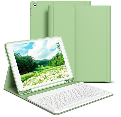 GKABXY Funda con teclado para iPad 9/8/7 generación (2021/2020/2019) de 10,2 pulgadas, parte trasera de TPU suave con soporte para bolígrafo, disposición QWERTZ, teclado Bluetooth extraíble magnético,
