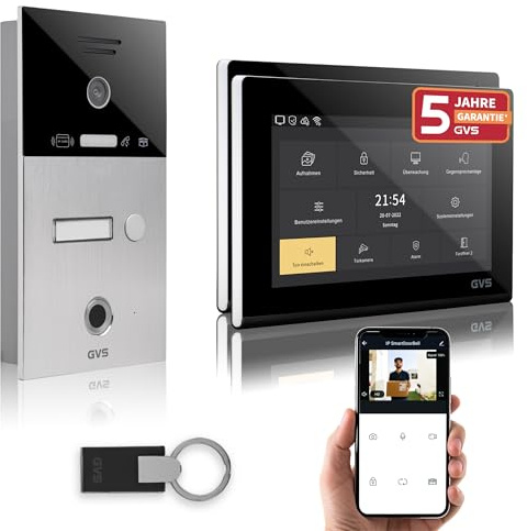 GVS Video Türsprechanlage mit Türöffner, Fingerprint, RFID, 2X 7 Monitore | Smarte Video Türklingel mit Kamera und Monitor & App - Gegensprechanlage für 1 Familienhaus (AVS5085U)