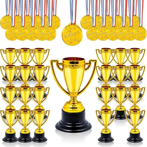 Malloom 48 Stück Trophäen Medaillen Set, 24 Sportfest Goldmedaillen & 24 Mini Pokale Trophäen für Kindergeburtstag, Schulspiele, Fussball, Feiern, Kinder Mitgebsel & Preis