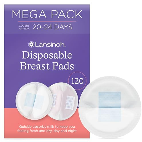 Lansinoh Disposable Breast Pads for nursing breastfeeding mothers, essential for hospital bag, thin super absorbent layers, discreet fit, 60 Count (Pack of 2)