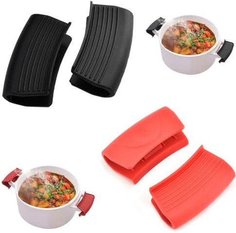 2 Paia Presine Silicone Da Cucina Manici,Silicone Supporto per Maniglia di Assistenza Maniglia di Impugnatura,Manico Silicone Presine,Per Pentola Calda(Nero e Rosso)