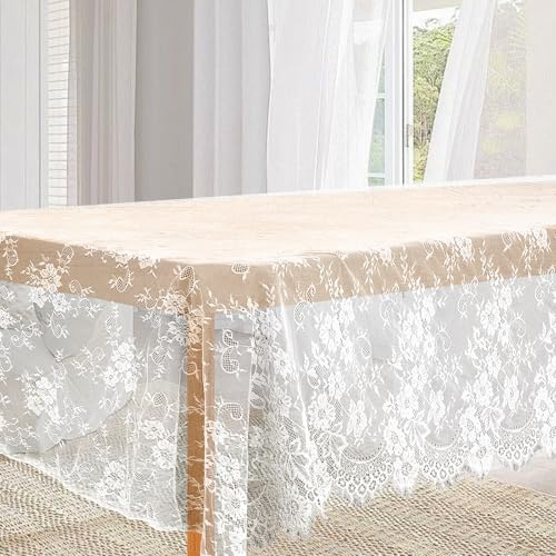 Weiß Tischdecke Spitze 150x300 cm Tischdecke Vintage Hochzeit Spitzentischdecke Große Spitzenborte Weiße Spitzen Tischtuch für Sommer Outdoor Teeparty Abendessen Party Heimdekoration