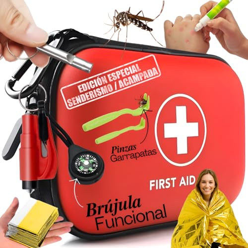 Botiquín de Primeros Auxilios con Manta Térmica – kit Primeros Auxilios Camping, Senderismo y Acampada – Kit Emergencias con Pinza Extrac. Garrapatas, Brújula, Manta Térmica, Martillo Rompe Cristales