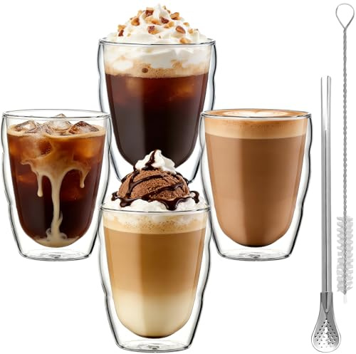 CxutSa 4 x 450ml Double Walled Glass Coffee Mugs Cappuccino Latte Expresso Glass Coffee Cups Large Borosilicate Glasses Cup with Spoon & Brush for Hot Cold Drinks Tea Juice Milk Ice Cream