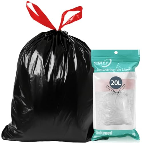 Bolsas de basura pequeñas de 20 litros con cordón, 30 bolsas de basura negras gruesas y fuertes para baño, oficina, dormitorio