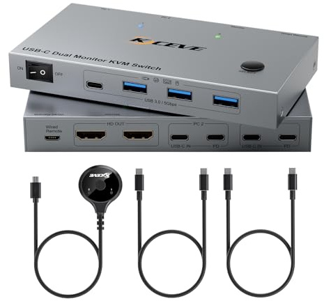 YOUTINGHDAV KVM-switch 2 skärmar 2 datorer USB C 4K@60Hz, USB 3.0 KVM-switch med dubbla skärmar HDMI för 2 bärbara datorer, MST, 80W PD, med 2 USB-C-kablar och trådbunden fjärrkontroll
