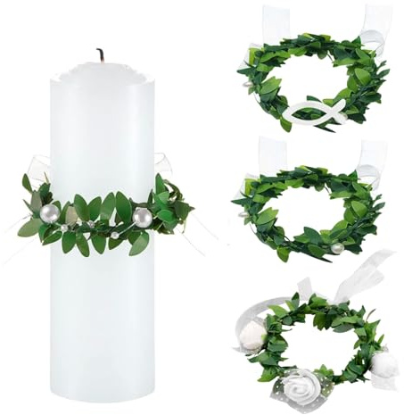 Yunova Tropfschutz Kommunionkerze 3er Set, Kerzenring mit Perlen, Weiß, aus ABS, Kerzendeko für Weihnachten, Hochzeit, Taufe, Advent & Tischdeko