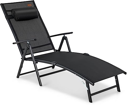 FANTASK Sonnenliege klappbar Outdoor mit 7 verstellbaren Rückenlehnen, Gartenliege mit Kopfstütze, Klappliege bis 150 kg belastbar(Schwarz)