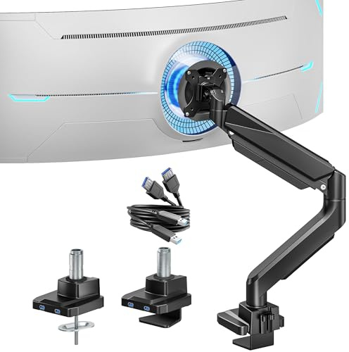 ARES WING Monitor Halterung mit USB A/C für 17-49 Flach Curved Bildschirm, Höhenverstellbar Bildschirmhalterung, Monitor Arm Tragfähigkeit Max 18 kg, 75/100mm Vesa-Halterung, Tischhalterung Schwarz