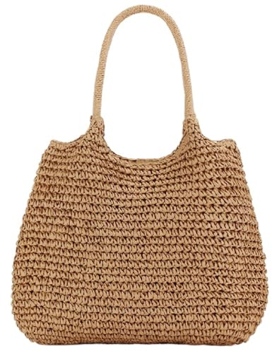 Strohtasche Damen Groß Stroh Umhängetasche Schultertasche, Sommer Gewebte Handtasche Stroh Strandtasche Für Damen, Boho Stil Crossbody Tasche Shopper Für Reisen, Urlaub, Shopping (Style E/Khaki)