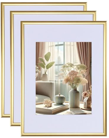 KM FOTO 3er 5e Set New Lifestyle Kunststoff Bilderrahmen mit Passepartout & Kunststoffglas Hoch- & Querformat: Farbe: 3er Pack Gold | Format: 40x60