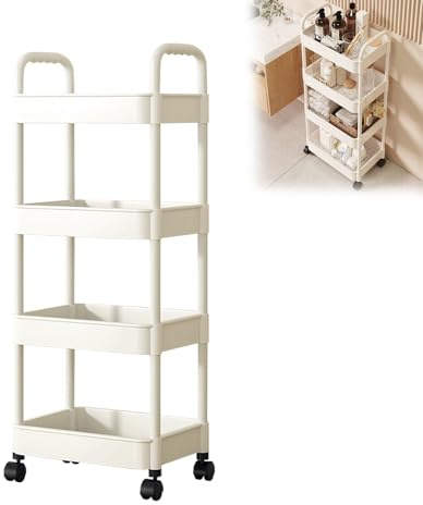 LIAVOP Servierwagen mit 4 Ebenen, Küchenwagen Nischenwagen Nischenregal mit Rollen, durchbrochendem Design Regal für ungenutzte Gegenstände mit 4 verschiebbare Haken mit 4 Rollen 43 x 107 x 30cm Weiß