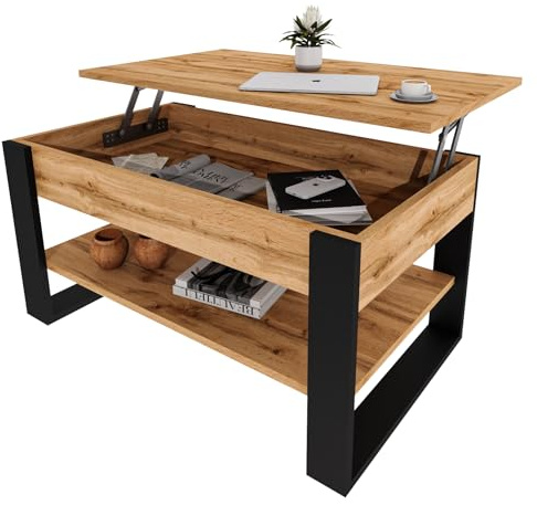 möbelkap Couchtisch mit anhebbarer Platte | Höhenverstellbarer Wohnzimmertisch mit Stauraum | Sofatisch Eiche Wotan Schwarz modern mit Ablage & verstecktem Fach – Coffee Table für Wohnzimmer & Büro