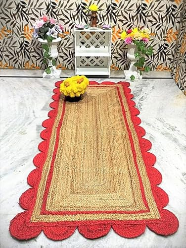 Tappeto smerlato in iuta rossa e naturale, 7 x 1,2 m, tappeto intrecciato a mano, ecologico e durevole, decorazione bohémien per soggiorno, camera da letto o ingresso