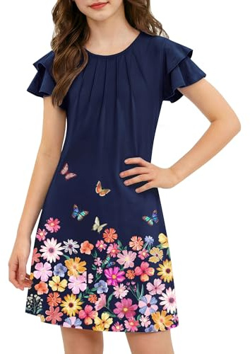 Arshiner Robe d'été pour Fille, plissée, Manches ondulées, imprimée, élégante, Festive, décontractée, Manches Courtes, Coupe trapèze, Bleu Marine, Robe de Demoiselle d'honneur, Taille 140, 9-10 Ans