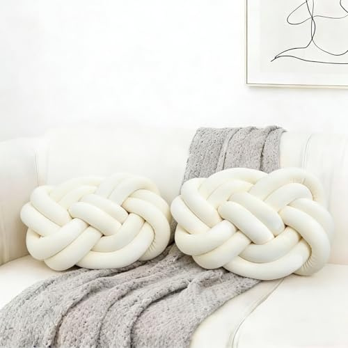 2Pcs Plush Knotted Accent Pillows for Couch and Sofa，Soft Throw Pillows for Bed and Chair，Modern Decorative Room Decor for Living Room，Bedroom，Dorm and Nursery 15.7inches × 11.8inches (Cream Ivory)