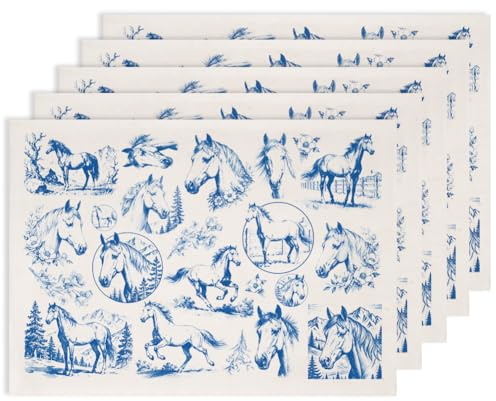 SUPERDANT 5 hojas de papel de transferencia bajo esmalte, animales de caballo azul, paisaje natural, calcomanías de cerámica para tazas de cerámica, platos, jarrones, cuencos de arcilla, aptos para