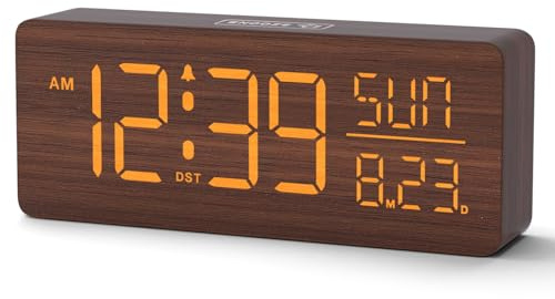 Peakeep Wooden Digital Alarm Clock Large Display, Textured Desk Table Decoration for Bedroom, Living Room, Plug in Clock with Time Date Day, 5 Brightness, Auto DST