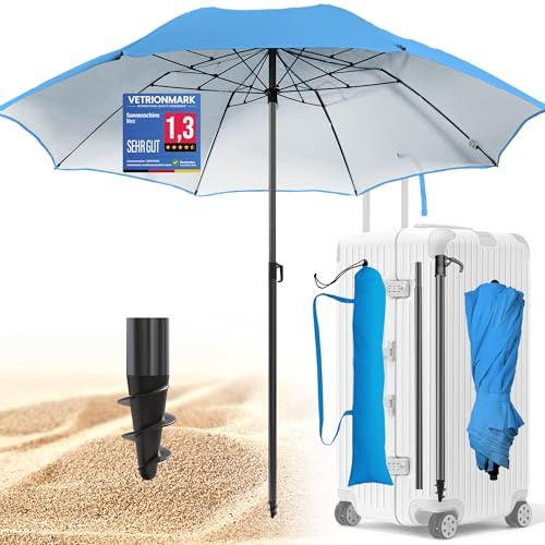 4smile Reise Sonnenschirm Strand Ø 160 cm, Fb. Blau | UPF 50+ Praktischer Reise Sonnenschirm für Koffer - Funktioneller Strandschirm klein faltbar, Strandschirm koffertauglich