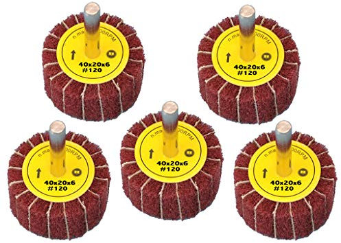 5 Stück Fächerschleifer mit Vlies-Gewebekombination 40mmx20mm, 6mm Einspannschaft, Körnung: 120 - Schleifmopstift, Lamellenschleifer, Schleifmop Schleifvlies, Lamellenrad mit Schaft.